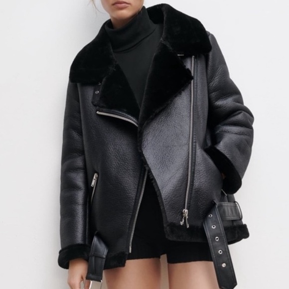 Zara Jackets & Blazers - Zara Faux Leather Shearling Buckle Biker Moto Jacket Black Sherpa
